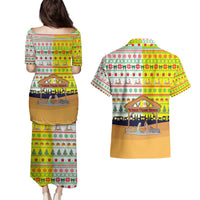 Vatican Christmas Couples Matching Puletasi and Hawaiian Shirt with Bethlehem Silhouette Yellow Red Green Pattern and Baby Jesus Manger - Wonder Print Shop
