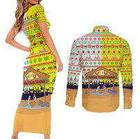 Vatican Christmas Couples Matching Short Sleeve Bodycon Dress and Long Sleeve Button Shirt with Bethlehem Silhouette Yellow Red Green Pattern and Baby Jesus Manger - Wonder Print Shop