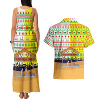 Vatican Christmas Couples Matching Tank Maxi Dress and Hawaiian Shirt with Bethlehem Silhouette Yellow Red Green Pattern and Baby Jesus Manger - Wonder Print Shop