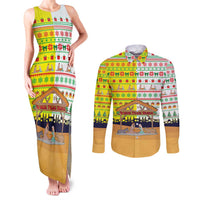Vatican Christmas Couples Matching Tank Maxi Dress and Long Sleeve Button Shirt with Bethlehem Silhouette Yellow Red Green Pattern and Baby Jesus Manger - Wonder Print Shop