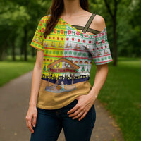Vatican Christmas Cross Shoulder Shirt with Bethlehem Silhouette Yellow Red Green Pattern and Baby Jesus Manger - Wonder Print Shop