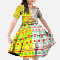 Vatican Christmas Family Matching Long Sleeve Bodycon Dress and Hawaiian Shirt with Bethlehem Silhouette Yellow Red Green Pattern and Baby Jesus Manger - Wonder Print Shop