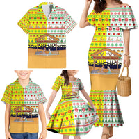 Vatican Christmas Family Matching Mermaid Dress and Hawaiian Shirt with Bethlehem Silhouette Yellow Red Green Pattern and Baby Jesus Manger - Wonder Print Shop