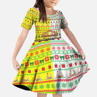 Vatican Christmas Family Matching Off The Shoulder Long Sleeve Dress and Hawaiian Shirt with Bethlehem Silhouette Yellow Red Green Pattern and Baby Jesus Manger - Wonder Print Shop