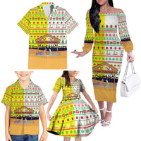 Vatican Christmas Family Matching Off The Shoulder Long Sleeve Dress and Hawaiian Shirt with Bethlehem Silhouette Yellow Red Green Pattern and Baby Jesus Manger - Wonder Print Shop