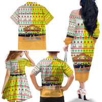 Vatican Christmas Family Matching Off The Shoulder Long Sleeve Dress and Hawaiian Shirt with Bethlehem Silhouette Yellow Red Green Pattern and Baby Jesus Manger - Wonder Print Shop