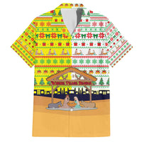 Vatican Christmas Family Matching Off The Shoulder Long Sleeve Dress and Hawaiian Shirt with Bethlehem Silhouette Yellow Red Green Pattern and Baby Jesus Manger - Wonder Print Shop
