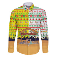 Vatican Christmas Family Matching Off The Shoulder Long Sleeve Dress and Hawaiian Shirt with Bethlehem Silhouette Yellow Red Green Pattern and Baby Jesus Manger - Wonder Print Shop