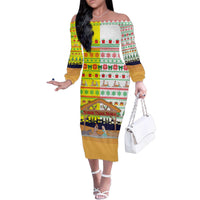 Vatican Christmas Family Matching Off The Shoulder Long Sleeve Dress and Hawaiian Shirt with Bethlehem Silhouette Yellow Red Green Pattern and Baby Jesus Manger - Wonder Print Shop