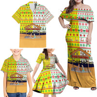 Vatican Christmas Family Matching Off Shoulder Maxi Dress and Hawaiian Shirt with Bethlehem Silhouette Yellow Red Green Pattern and Baby Jesus Manger - Wonder Print Shop