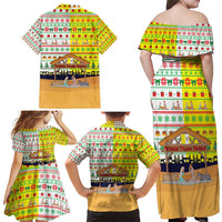 Vatican Christmas Family Matching Off Shoulder Maxi Dress and Hawaiian Shirt with Bethlehem Silhouette Yellow Red Green Pattern and Baby Jesus Manger - Wonder Print Shop