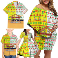 Vatican Christmas Family Matching Off Shoulder Short Dress and Hawaiian Shirt with Bethlehem Silhouette Yellow Red Green Pattern and Baby Jesus Manger - Wonder Print Shop