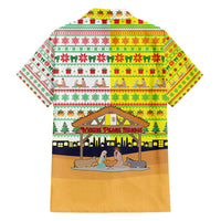 Vatican Christmas Family Matching Off Shoulder Short Dress and Hawaiian Shirt with Bethlehem Silhouette Yellow Red Green Pattern and Baby Jesus Manger - Wonder Print Shop