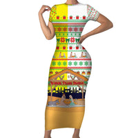 Vatican Christmas Family Matching Short Sleeve Bodycon Dress and Hawaiian Shirt with Bethlehem Silhouette Yellow Red Green Pattern and Baby Jesus Manger - Wonder Print Shop