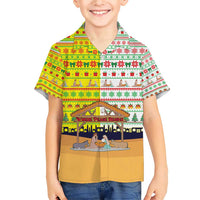 Vatican Christmas Family Matching Short Sleeve Bodycon Dress and Hawaiian Shirt with Bethlehem Silhouette Yellow Red Green Pattern and Baby Jesus Manger - Wonder Print Shop