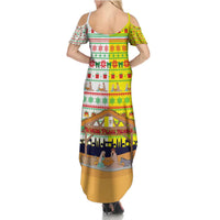 Vatican Christmas Family Matching Summer Maxi Dress and Hawaiian Shirt with Bethlehem Silhouette Yellow Red Green Pattern and Baby Jesus Manger - Wonder Print Shop