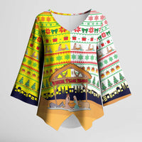 Vatican Christmas Kimono Sleeve Blouse with Bethlehem Silhouette Yellow Red Green Pattern and Baby Jesus Manger - Wonder Print Shop