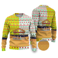Vatican Christmas Ugly Christmas Sweater with Bethlehem Silhouette Yellow Red Green Pattern and Baby Jesus Manger - Wonder Print Shop