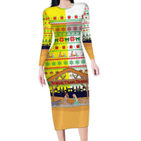 Vatican Christmas Long Sleeve Bodycon Dress with Bethlehem Silhouette Yellow Red Green Pattern and Baby Jesus Manger - Wonder Print Shop