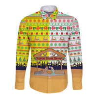 Vatican Christmas Long Sleeve Button Shirt with Bethlehem Silhouette Yellow Red Green Pattern and Baby Jesus Manger - Wonder Print Shop