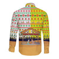 Vatican Christmas Long Sleeve Button Shirt with Bethlehem Silhouette Yellow Red Green Pattern and Baby Jesus Manger - Wonder Print Shop