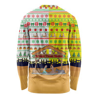 Vatican Christmas Long Sleeve Shirt with Bethlehem Silhouette Yellow Red Green Pattern and Baby Jesus Manger - Wonder Print Shop