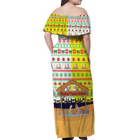 Vatican Christmas Off Shoulder Maxi Dress with Bethlehem Silhouette Yellow Red Green Pattern and Baby Jesus Manger - Wonder Print Shop