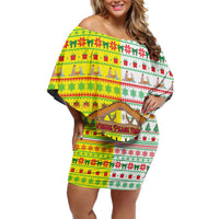 Vatican Christmas Off Shoulder Short Dress with Bethlehem Silhouette Yellow Red Green Pattern and Baby Jesus Manger - Wonder Print Shop