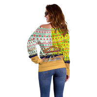 Vatican Christmas Off Shoulder Sweater with Bethlehem Silhouette Yellow Red Green Pattern and Baby Jesus Manger - Wonder Print Shop