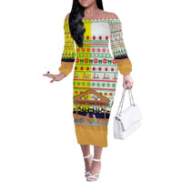 Vatican Christmas Off The Shoulder Long Sleeve Dress with Bethlehem Silhouette Yellow Red Green Pattern and Baby Jesus Manger - Wonder Print Shop