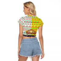 Vatican Christmas Raglan Cropped T Shirt with Bethlehem Silhouette Yellow Red Green Pattern and Baby Jesus Manger - Wonder Print Shop