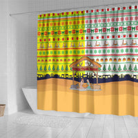 Vatican Christmas Shower Curtain with Bethlehem Silhouette Yellow Red Green Pattern and Baby Jesus Manger - Wonder Print Shop
