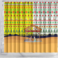 Vatican Christmas Shower Curtain with Bethlehem Silhouette Yellow Red Green Pattern and Baby Jesus Manger - Wonder Print Shop