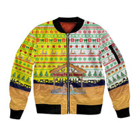 Vatican Christmas Sleeve Zip Bomber Jacket with Bethlehem Silhouette Yellow Red Green Pattern and Baby Jesus Manger - Wonder Print Shop