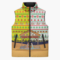 Vatican Christmas Sleeveless Puffer Jacket with Bethlehem Silhouette Yellow Red Green Pattern and Baby Jesus Manger - Wonder Print Shop