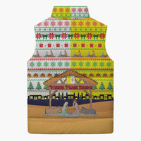 Vatican Christmas Sleeveless Puffer Jacket with Bethlehem Silhouette Yellow Red Green Pattern and Baby Jesus Manger - Wonder Print Shop