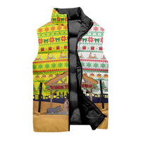 Vatican Christmas Sleeveless Puffer Jacket with Bethlehem Silhouette Yellow Red Green Pattern and Baby Jesus Manger - Wonder Print Shop
