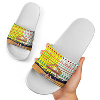 Vatican Christmas Slide Sandals with Bethlehem Silhouette Yellow Red Green Pattern and Baby Jesus Manger - Wonder Print Shop