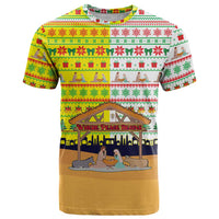 Vatican Christmas T Shirt with Bethlehem Silhouette Yellow Red Green Pattern and Baby Jesus Manger - Wonder Print Shop