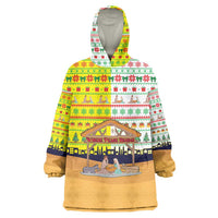 Vatican Christmas Wearable Blanket Hoodie with Bethlehem Silhouette Yellow Red Green Pattern and Baby Jesus Manger - Wonder Print Shop