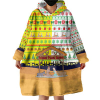 Vatican Christmas Wearable Blanket Hoodie with Bethlehem Silhouette Yellow Red Green Pattern and Baby Jesus Manger - Wonder Print Shop