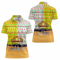 Vatican Christmas Women Polo Shirt with Bethlehem Silhouette Yellow Red Green Pattern and Baby Jesus Manger - Wonder Print Shop