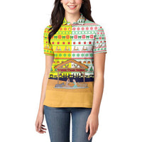 Vatican Christmas Women Polo Shirt with Bethlehem Silhouette Yellow Red Green Pattern and Baby Jesus Manger - Wonder Print Shop