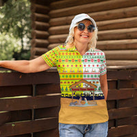 Vatican Christmas Women Polo Shirt with Bethlehem Silhouette Yellow Red Green Pattern and Baby Jesus Manger - Wonder Print Shop