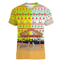 Vatican Christmas Women V-Neck T-Shirt with Bethlehem Silhouette Yellow Red Green Pattern and Baby Jesus Manger - Wonder Print Shop