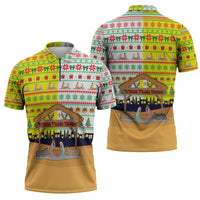 Vatican Christmas Zipper Polo Shirt with Bethlehem Silhouette Yellow Red Green Pattern and Baby Jesus Manger - Wonder Print Shop
