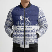 Vatican Christmas Bomber Puffer Jacket with Holy Family Nativity Scene Snowflake Pattern and Starry Night - Wonder Print Shop