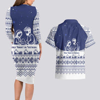 Vatican Christmas Couples Matching Long Sleeve Bodycon Dress and Hawaiian Shirt with Holy Family Nativity Scene Snowflake Pattern and Starry Night - Wonder Print Shop