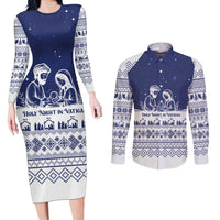 Vatican Christmas Couples Matching Long Sleeve Bodycon Dress and Long Sleeve Button Shirt with Holy Family Nativity Scene Snowflake Pattern and Starry Night - Wonder Print Shop
