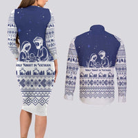 Vatican Christmas Couples Matching Long Sleeve Bodycon Dress and Long Sleeve Button Shirt with Holy Family Nativity Scene Snowflake Pattern and Starry Night - Wonder Print Shop